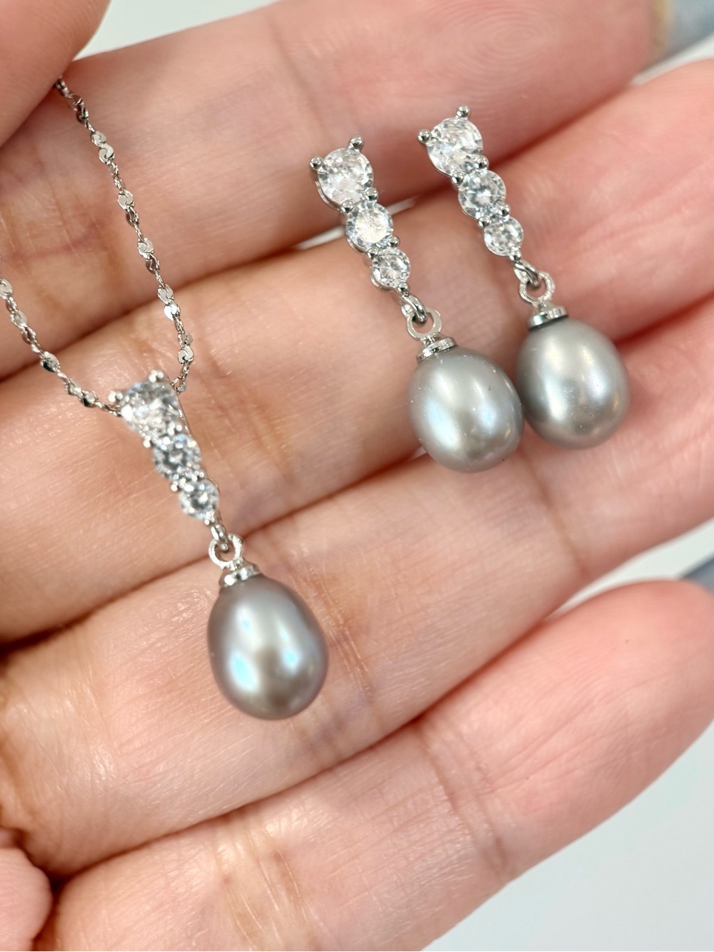 Silver Gray Pearl Drop Necklace and Earrings Set